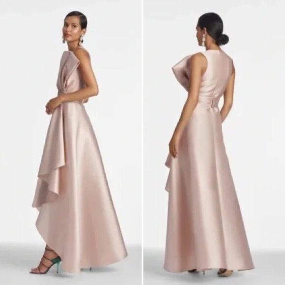 Sachin & Babi Size 14 Jenna Silver Peony Light Pink Bow High Low Maxi Gown Dress - Picture 3 of 3